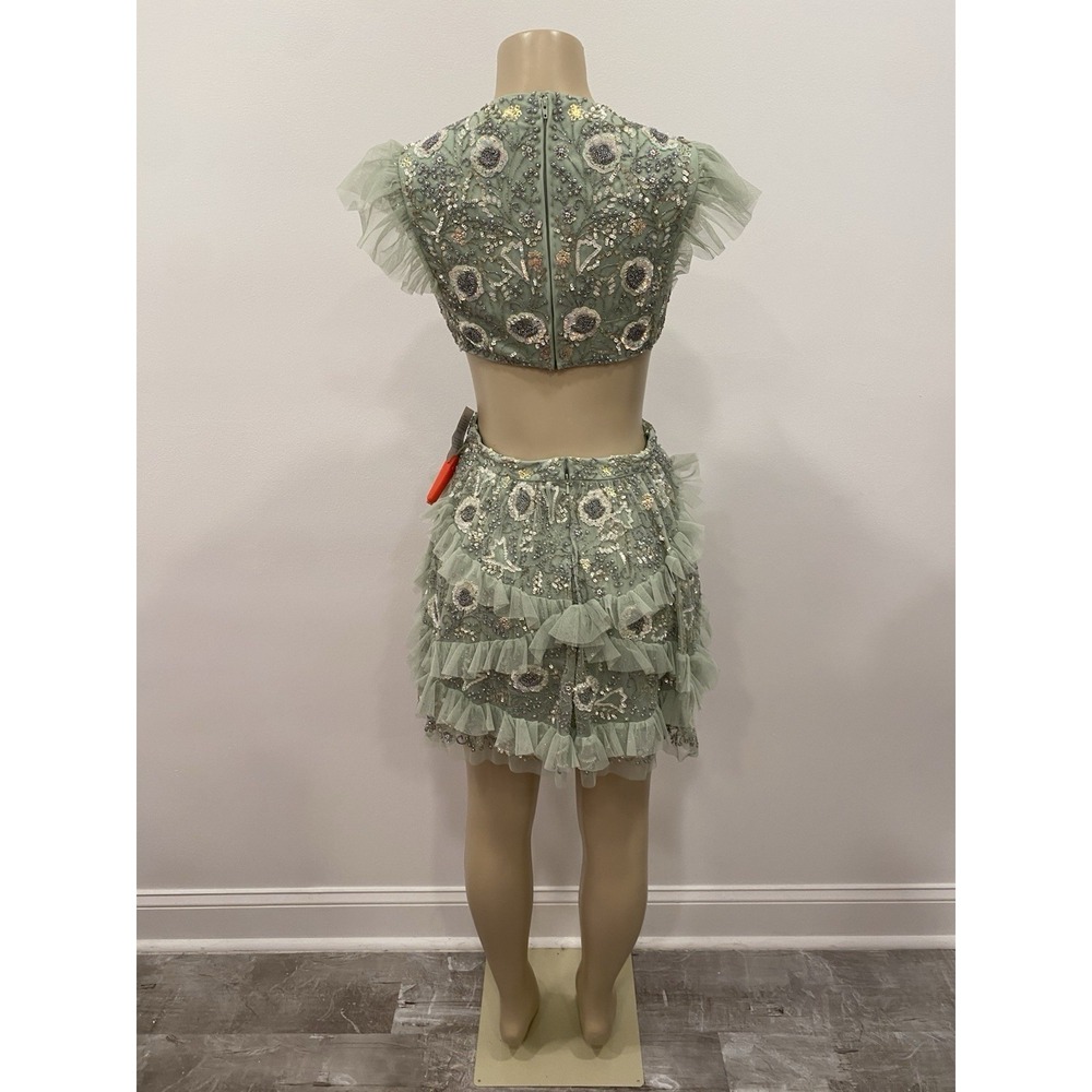 Mac Duggal 35101 Dress Seafoam Green Floral Mini Cutout Waist Sequin Beaded SZ 6 - Picture 7 of 12